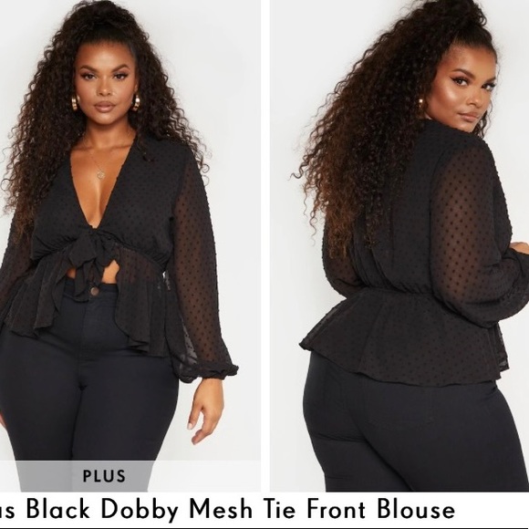 NWT PRETTY LITTLE THINGS BLACK SHEER POLKA DOT TOP. TIES IN FRONT. Size 16 - Picture 3 of 6